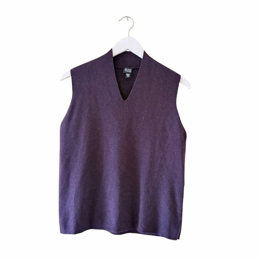Eileen Fisher Merino Wool Plum Purple  V-Neck Vest Sleeveless Boxy Layering Mini